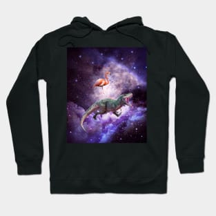 Galaxy Flamingo Riding Dinosaur In Space - Rainbow Hoodie